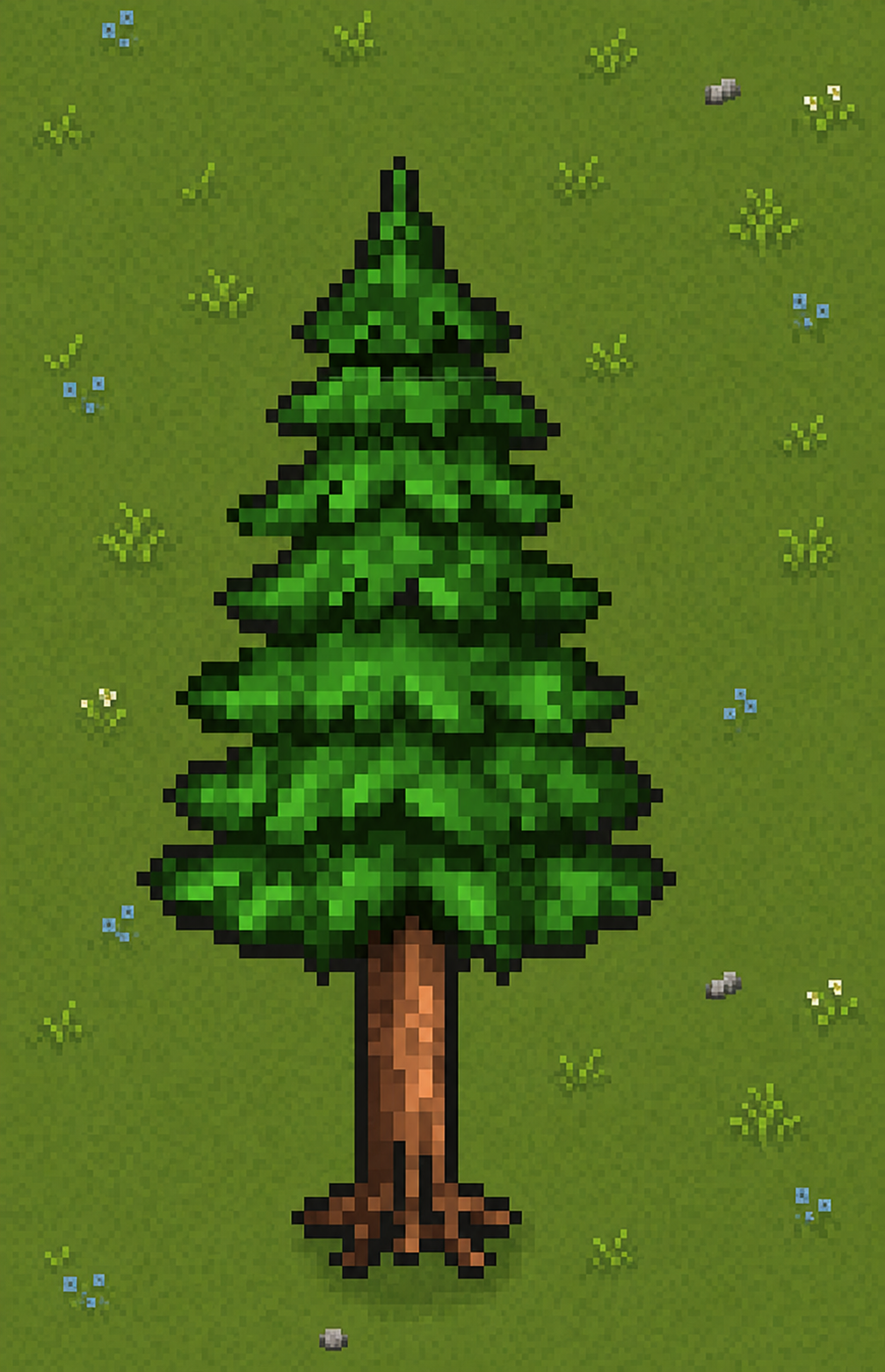 Eine große Pixeltanne auf einer grünen Wiese mit Blumen und Steinen